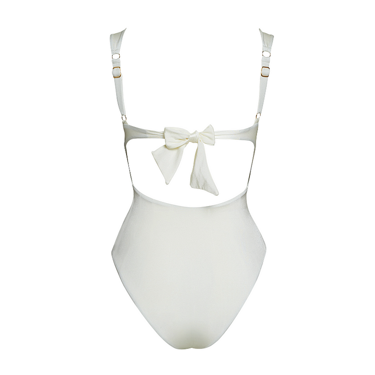 Sling Artificial Pearl Decor White One Piece Swimsuit and Skirt