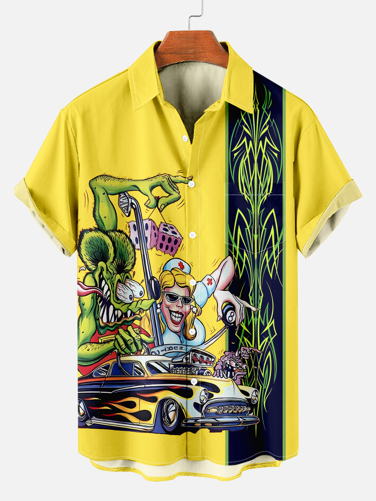 Men's Modified Car TiKi Geometric Stripe Cartoon Print Shirt PLUSCLOTHESMAN