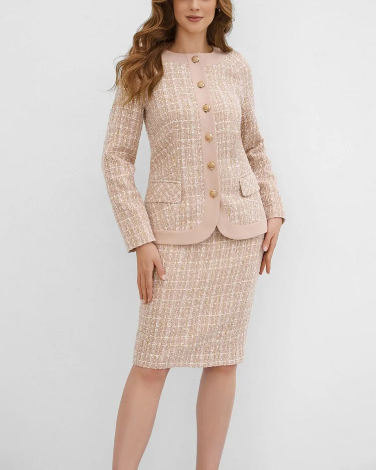 Elegant Tweed Jacket And Skirt Two-Piece Set