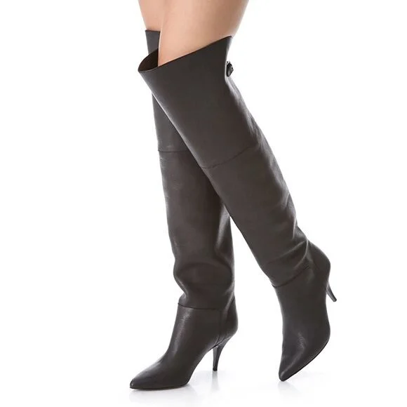 Custom Made Pointy Toe Mid Heel Knee High Boots in Black |FSJ Shoes