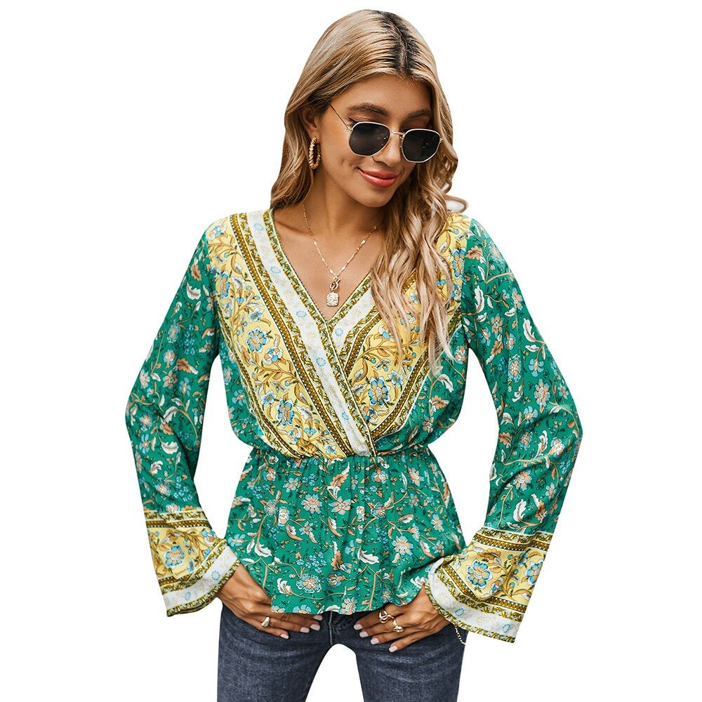 Sale 2021 New Women V Neck Floral Print Vintage Tops Women Retro Print Shirt Autumn Long Sleeve Blouse Loose Tops Blouse D30