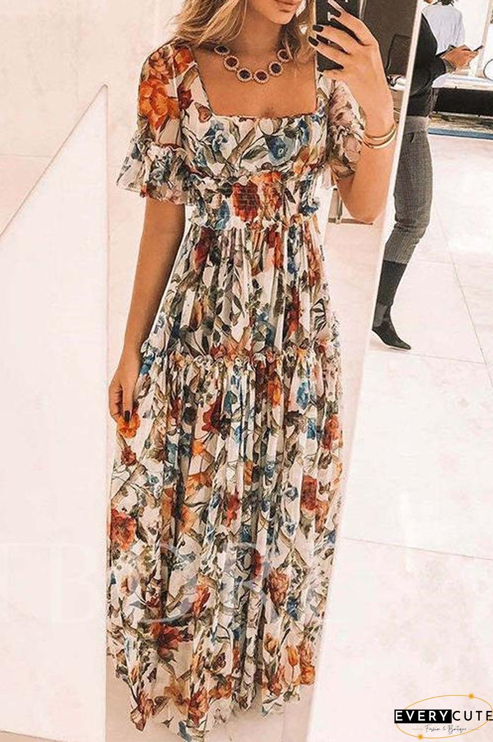 Square Neck Flower Print Backless Cami Maxi Dress 1