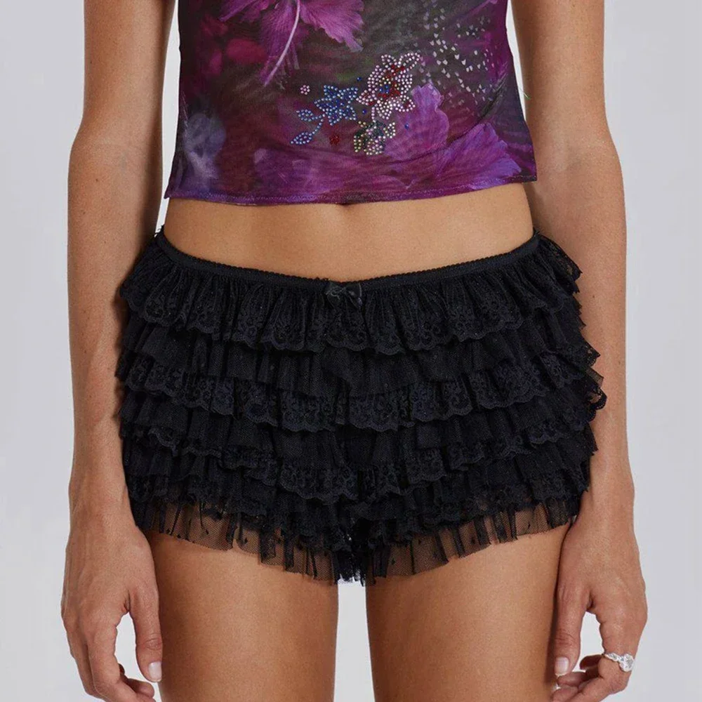 Women Mesh Lace Bloomer Layered Ruffle Frilly Booty Shorts
