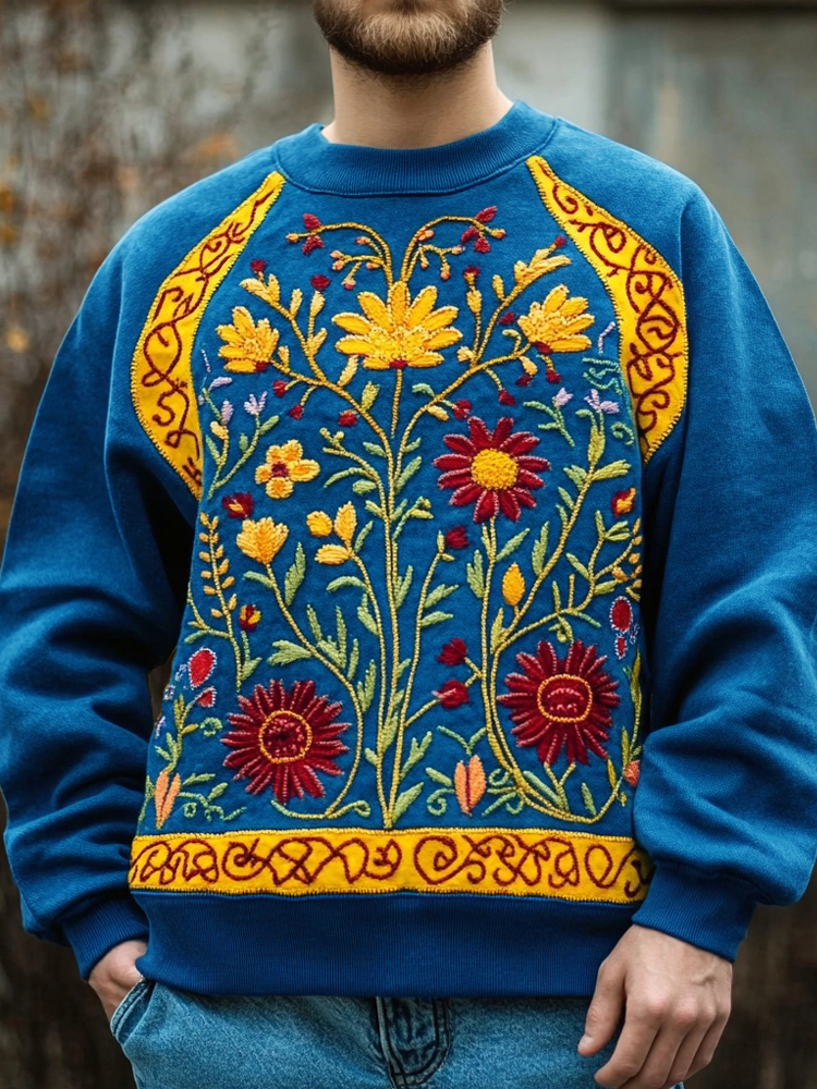 Comstylish Men's Ukrainian Folk Floral Embroidered Vintage Sweatshirt