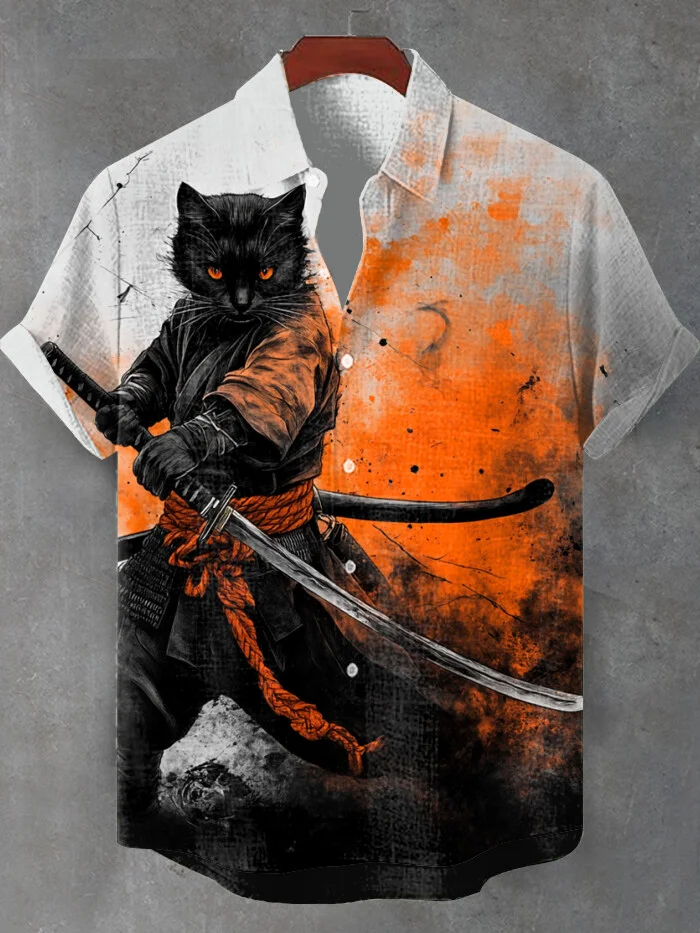 Men's A Handsome Swordsman Black Cat In Samurai Clothes Hold Sword Art Print Short Sleeve Shirt