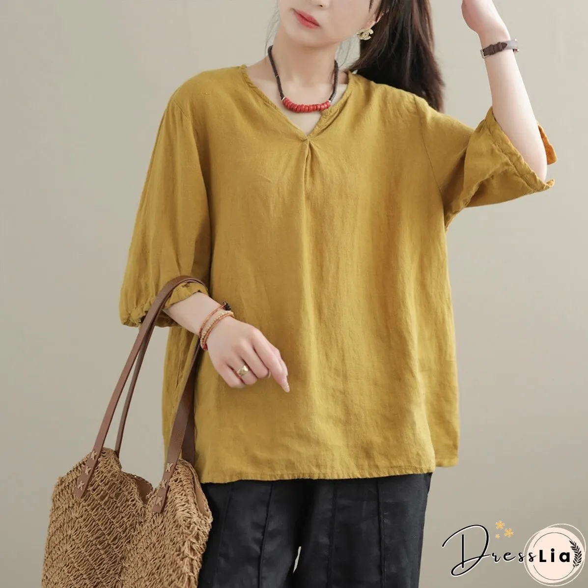 Loose Summer Solid Color Minimalist Casual V-Neck Tops