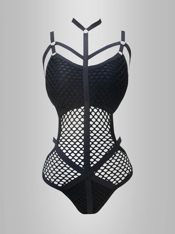 トップス fetico mesh knit halter neck bodysuit Coated Knit Combo Mesh Halter Neck Bodysuit Galactic Cobalt - bebe