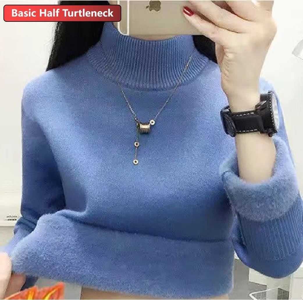 Uveng Warm Sweater Pullover Women Slim Thicken Plush Velvet Lined Knitwear Jumper Korean Half Turtleneck Poleras Soft Knit Tops