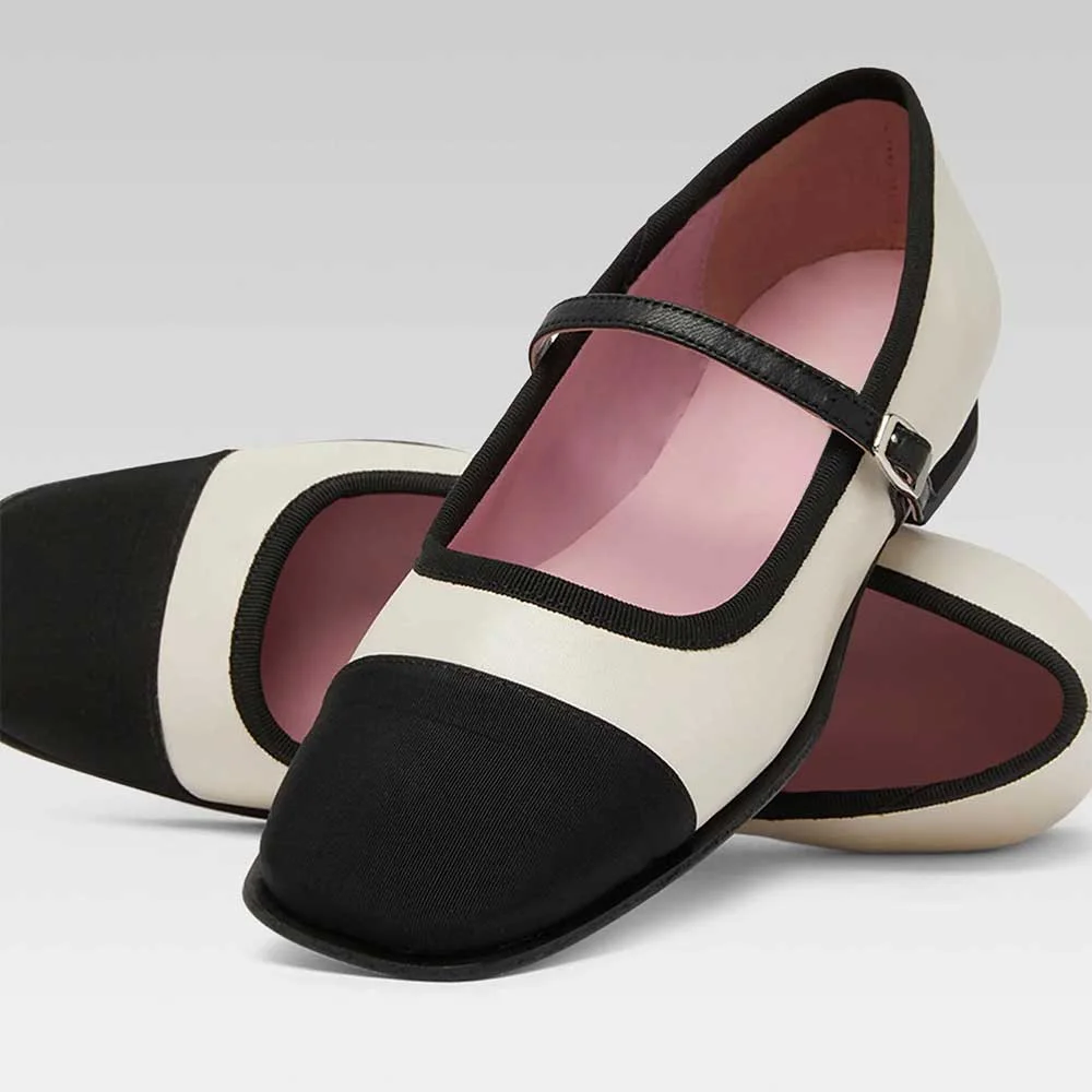Elegant Beige & Black Square Toe Comfy Buckle Mary Jane Flats