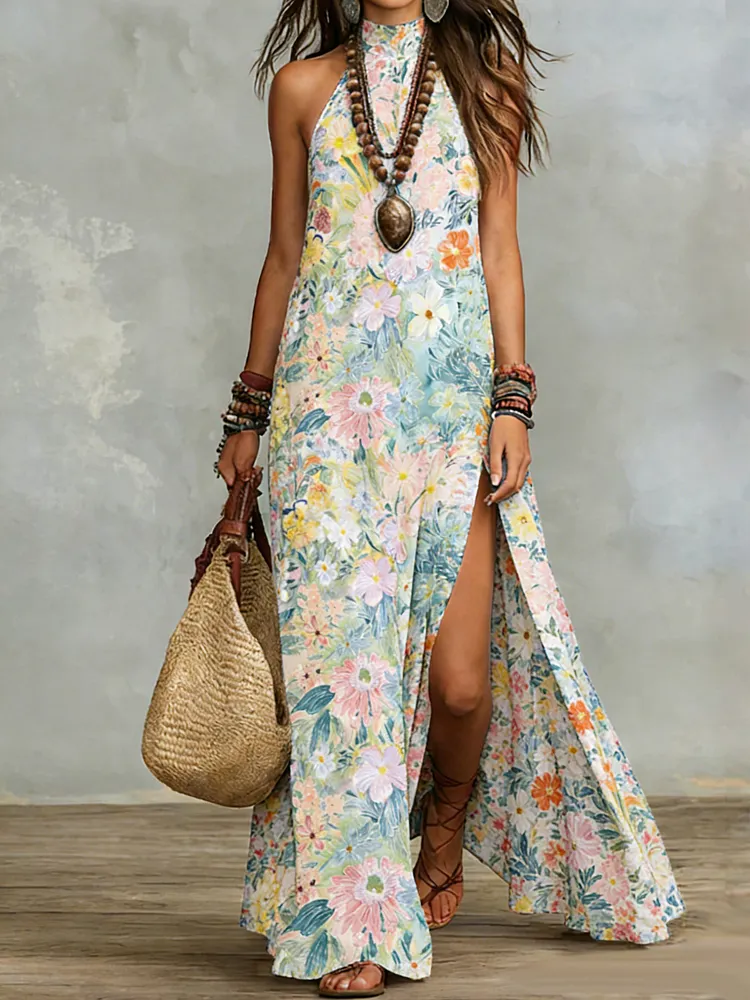 Women's Retro Floral Pattern Art Print Casual Stylish Cotton Dress
