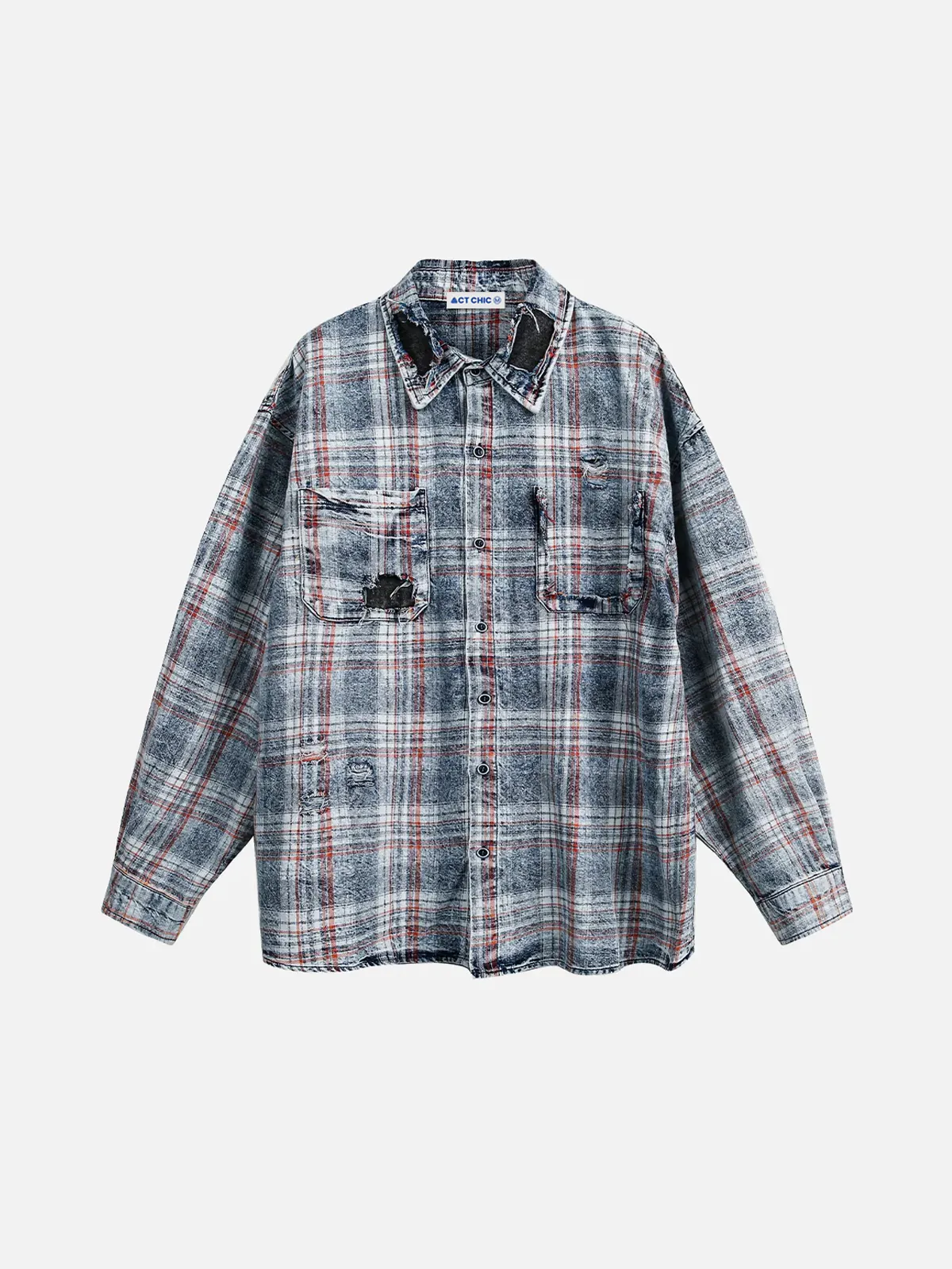 Blue Distressed Plaid Tie-dye Long Sleeve Shirt Front