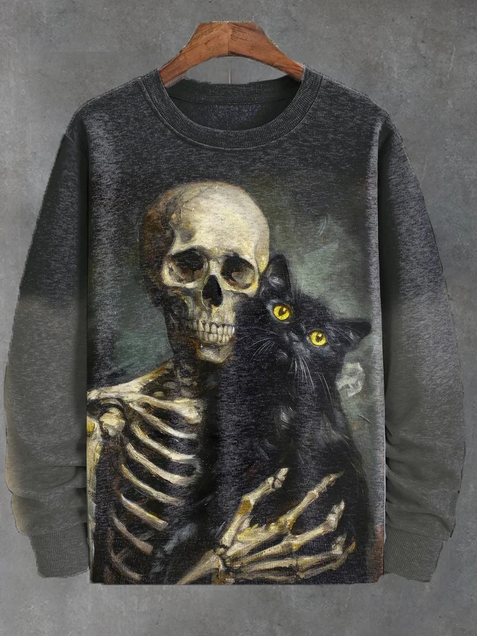 Men's Dark Skull Black Cat Oil Painting Print Sweatshirt