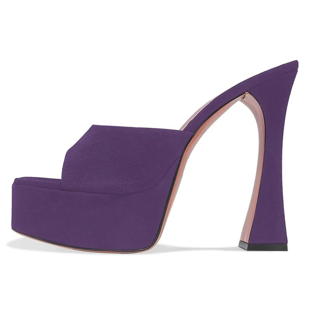 Women's Purple Square Toe Slip On Flared Heel Platform Sandals