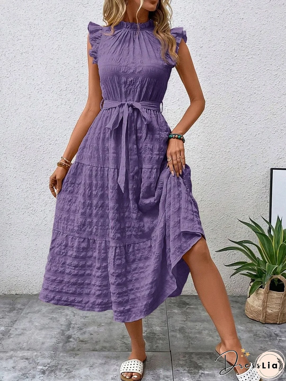 Tied Ruffled Cap Sleeve Midi Dress