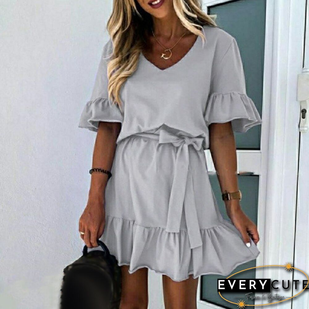 Ladies Sexy Ruffle Mini Dress Casual Short Sleeve Women Party Dresses Elegant V Neck Lace-Up Summer Dress Female Vestidos D30
