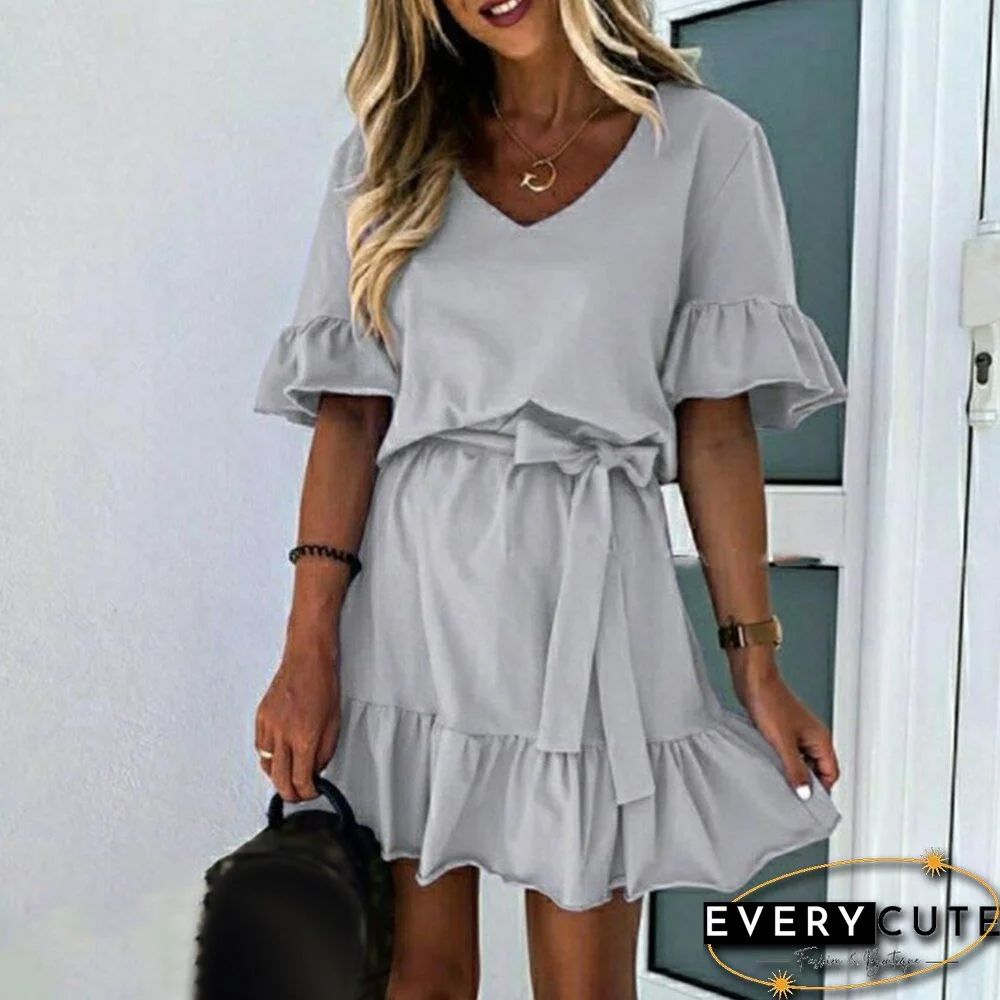 Ladies Sexy Ruffle Mini Dress Casual Short Sleeve Women Party Dresses Elegant V Neck Lace-Up Summer Dress Female Vestidos D30