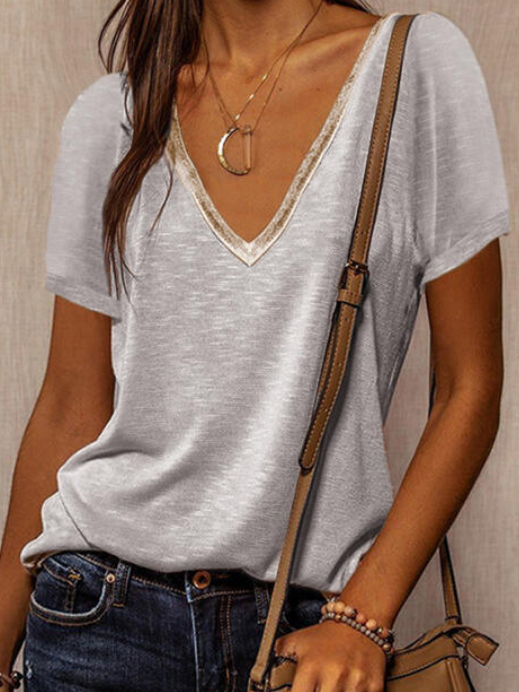 Short Sleeve Plain Shift V Neck T-Shirt
