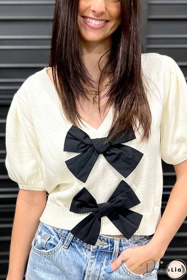 V-Neck Short-Sleeved Double Bow Solid Color Sweater