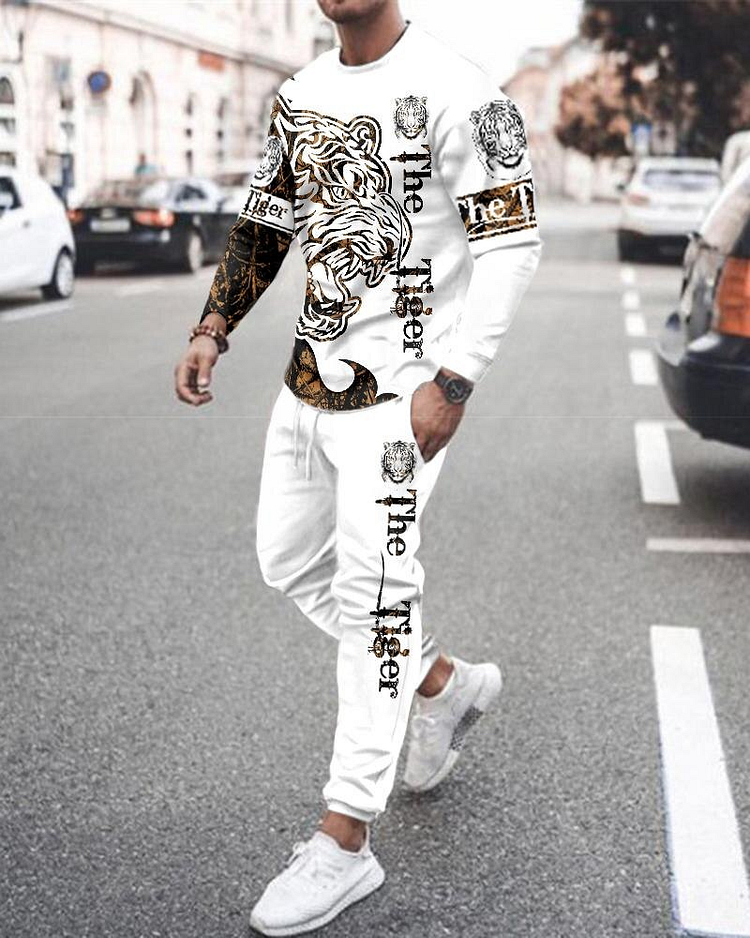Men's casual color-block print color-block long-sleeved sports set 026