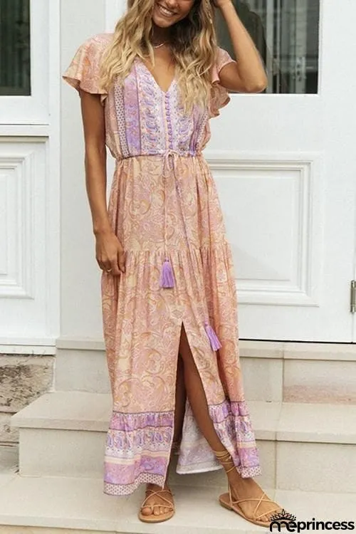 Boho Print Button Tassesl Maxi Dress