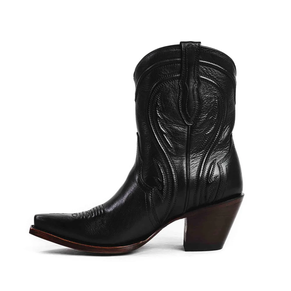 Classic Black Faux Leather Snip Toe Chunky Heel Stitch Cowgirl Boots