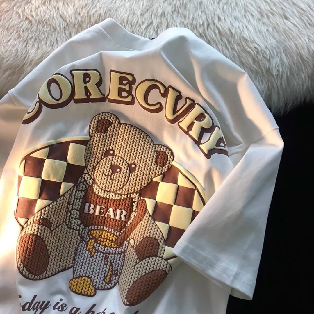 Unisex Cute Bear Print Oversized T-shirt、、URBENIE