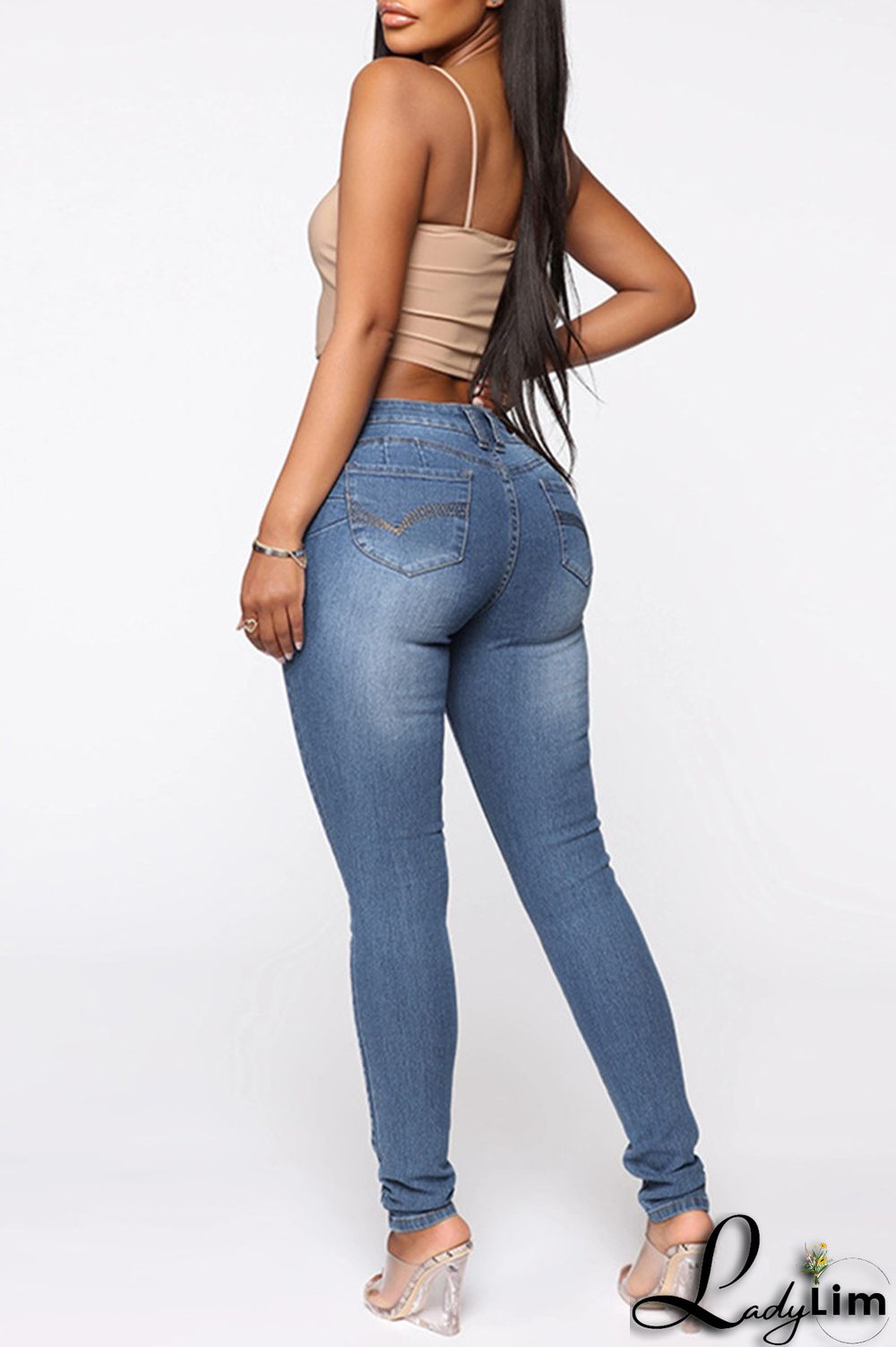 Black Fashion Casual Print Basic Mid Waist Skinny Denim Jeans