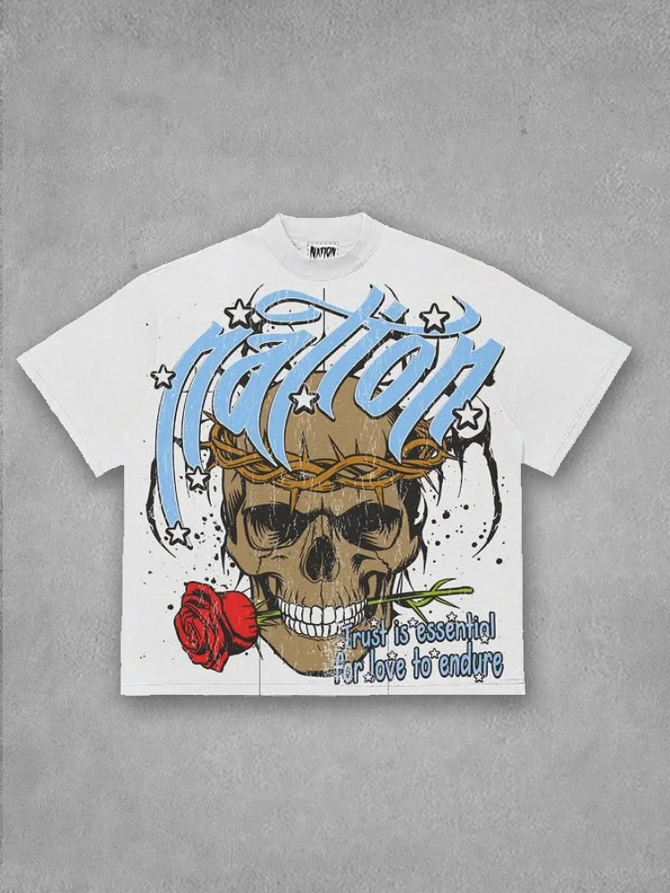 Rose With Skull Motif 100% Cotton Short Sleeve T-shirt