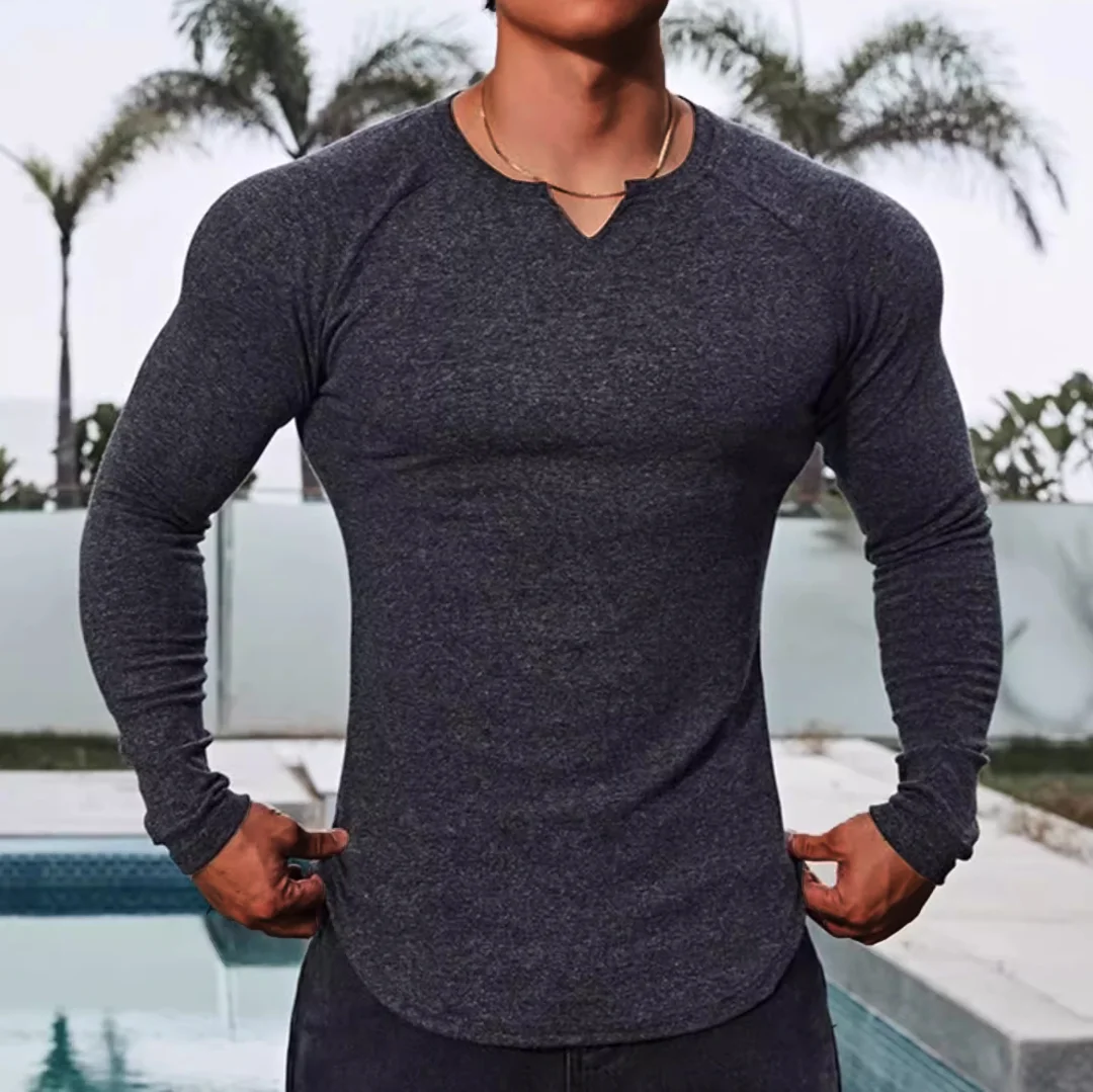 Men's Fitness Fit V-Neck Long Sleeve T-Shirt-inspireuse