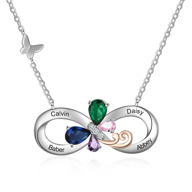 Personalized Infinity Butterfly Necklace Custom 4 Birthstones Necklace for Her