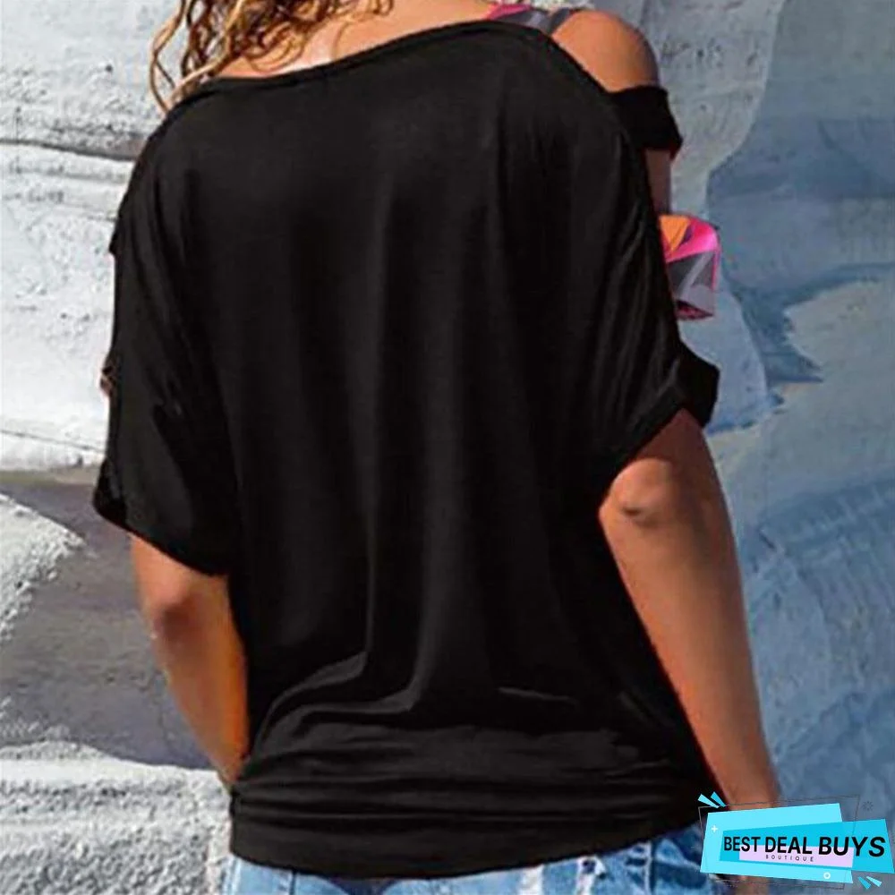 Women Bare Shoulder T-Shirt Vintage Boho Print Cold Shoulder Tunic Loose T-Shirt