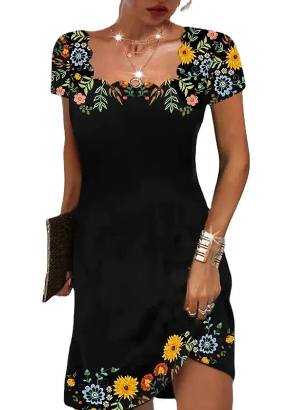 Uveng Summer Fluted Collar Printed Short-sleeved Dress Dresses