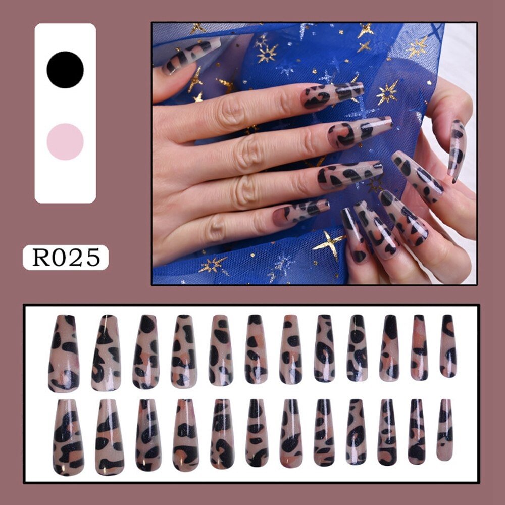 24pcs Leopard French Ballerina False Nails Artificial Full Cover Press On Nails Manicure Long Coffin Fake Nails Tips With Glue