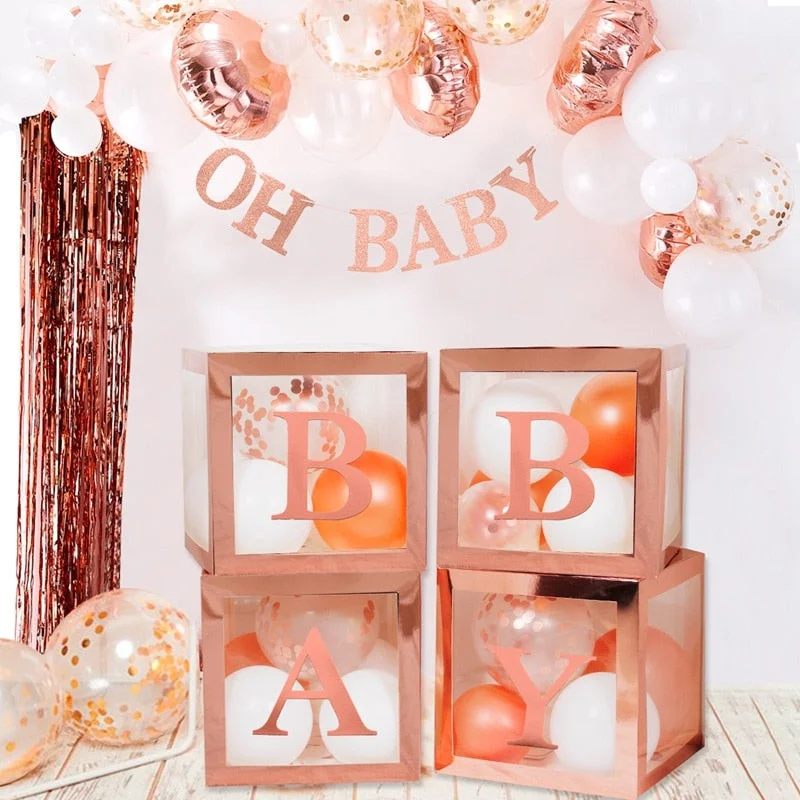 Rose Gold Transparent Letter A-Z Box Custom Baby Name Balloon Box Girl Baby Shower Decorations Baby 1st Birthday Party Decor