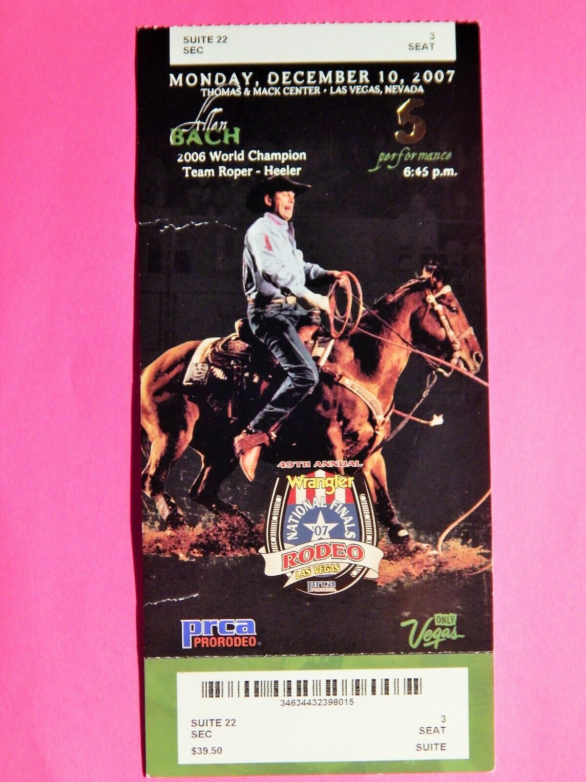 2007 NATIONAL FINALS RODEO LG ORIGINAL USED TICKET ALLEN BACH COLOR Photo Poster painting