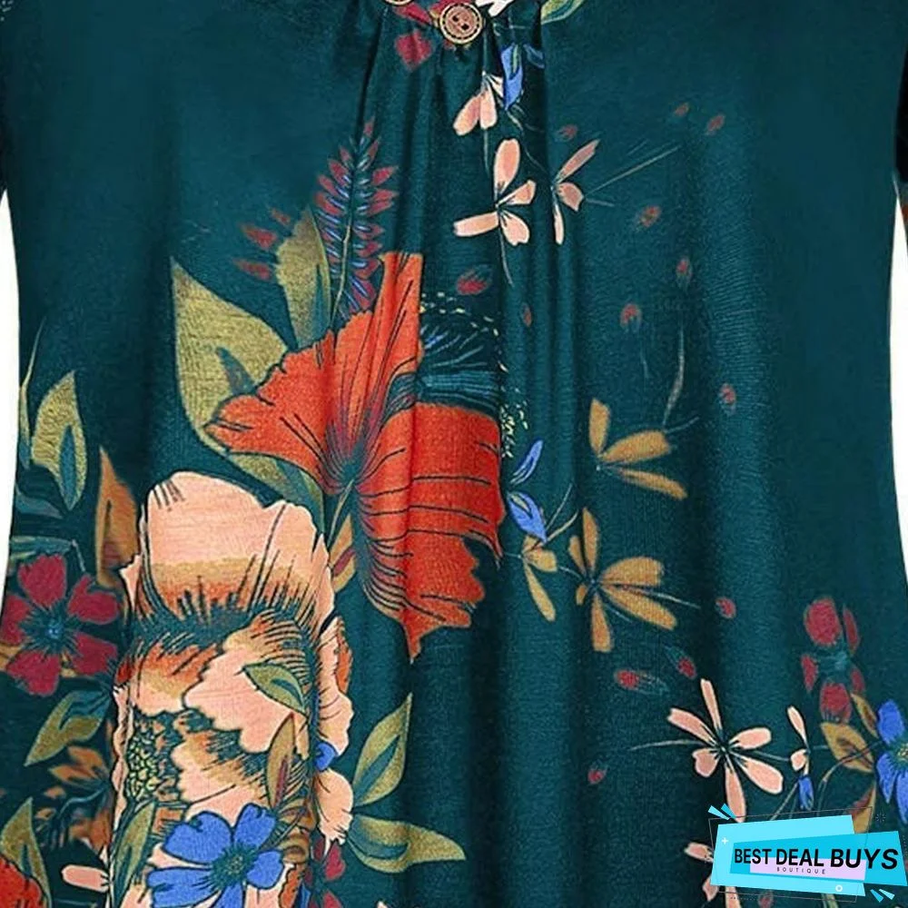 Plus Size Women Tunic Shirt Floral Print V-neck Blouses and Tops