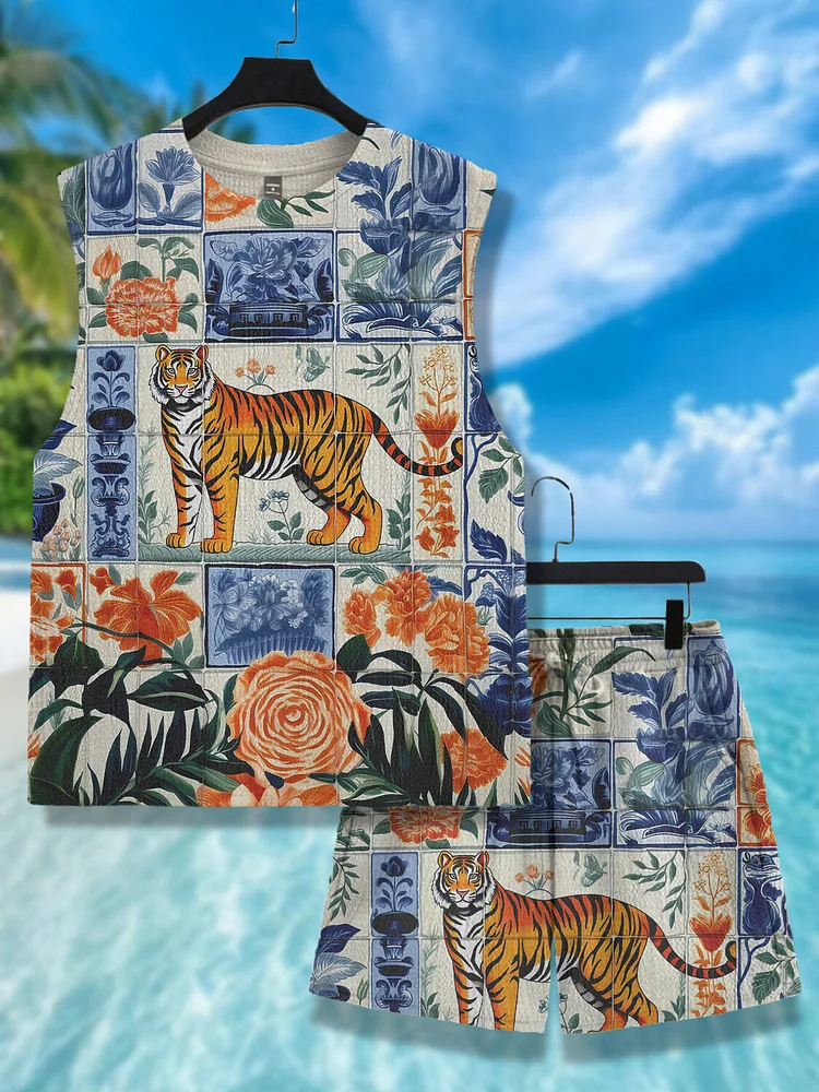 Men's Retro Tiger Flower Print Tank Top Shorts Matching Set