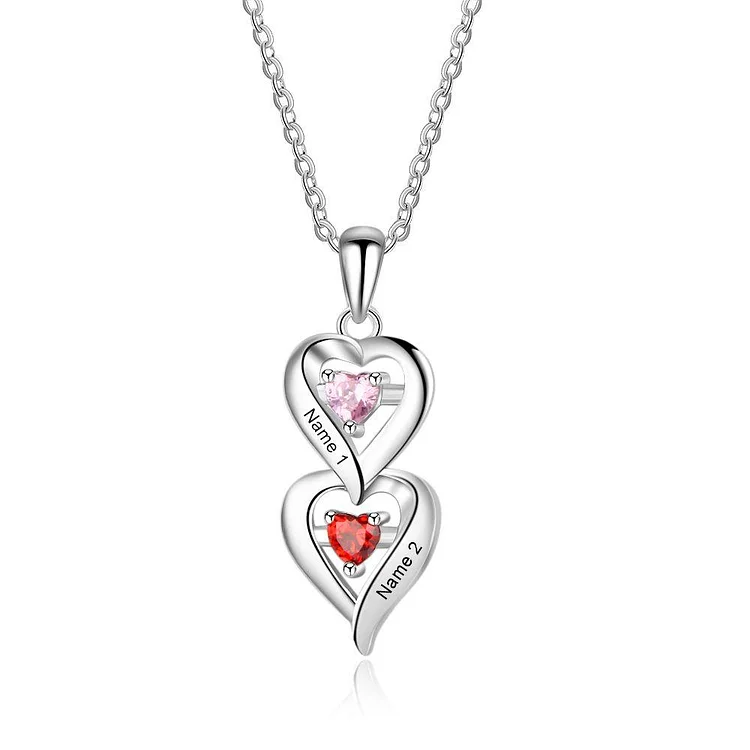 Heart Birthstone Necklace Love Pendant 2 Stones Heart Drop Necklace Engraved 2 Names