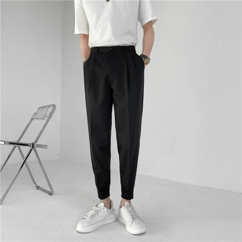 Woherb 2021 New Summer Men's White Suit Pants Korean Stylish Trousers Male Elastic Waist Solid Tapered Ankle Length Casual Pants Man