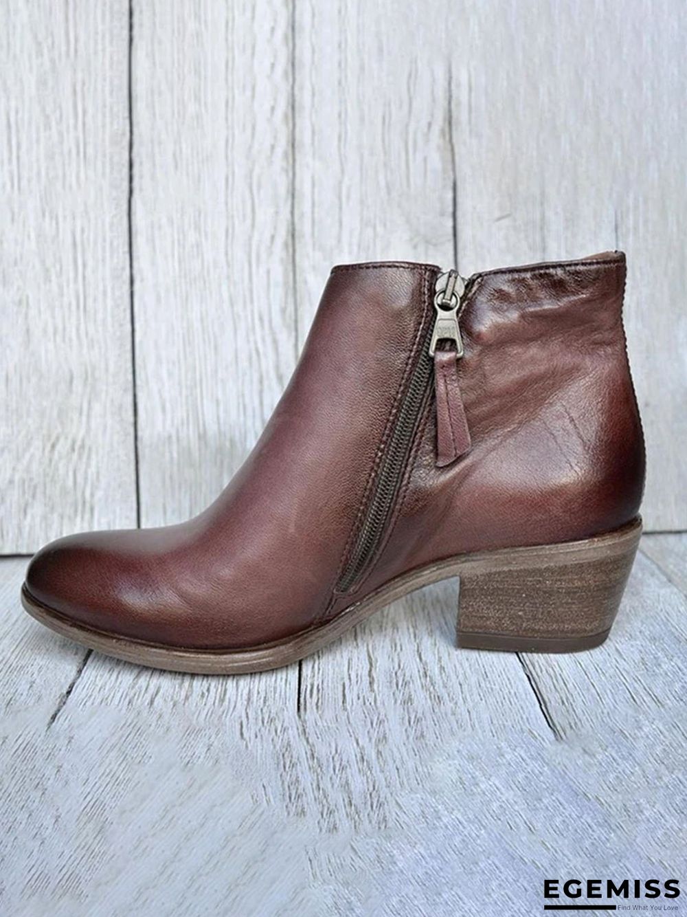 Retro Distressed Polished Color Zipper Thick Heel Pointed Ankle Boots | EGEMISS