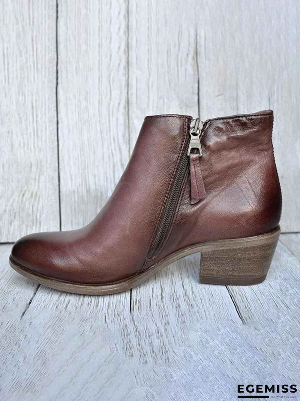 Retro Distressed Polished Color Zipper Thick Heel Pointed Ankle Boots | EGEMISS