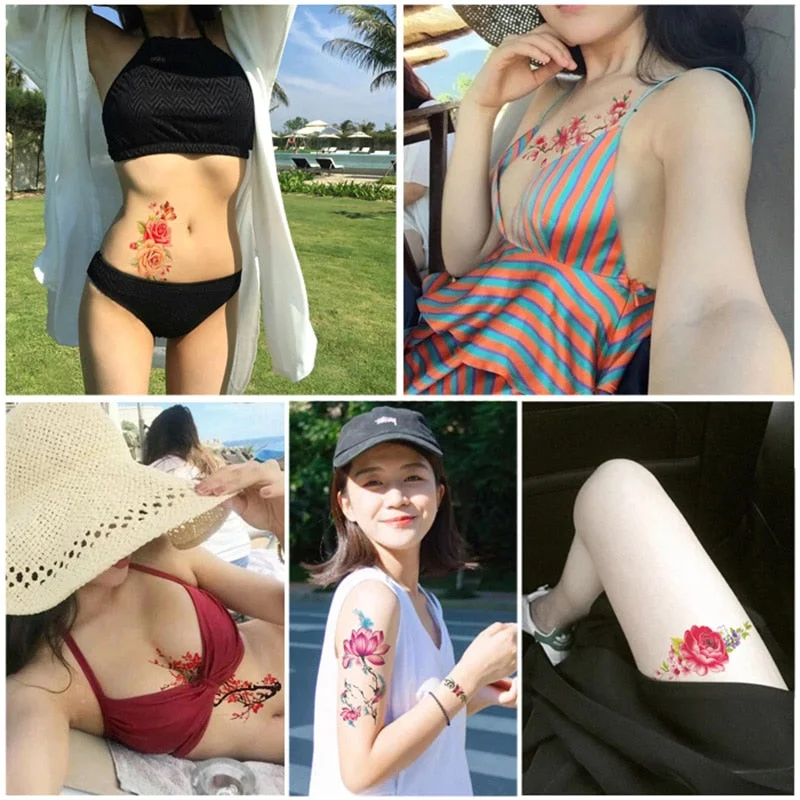 1 piece flash henna tattoo fake temporary tattoos stickers red rose flowers arm shoulder tattoo waterproof women on body