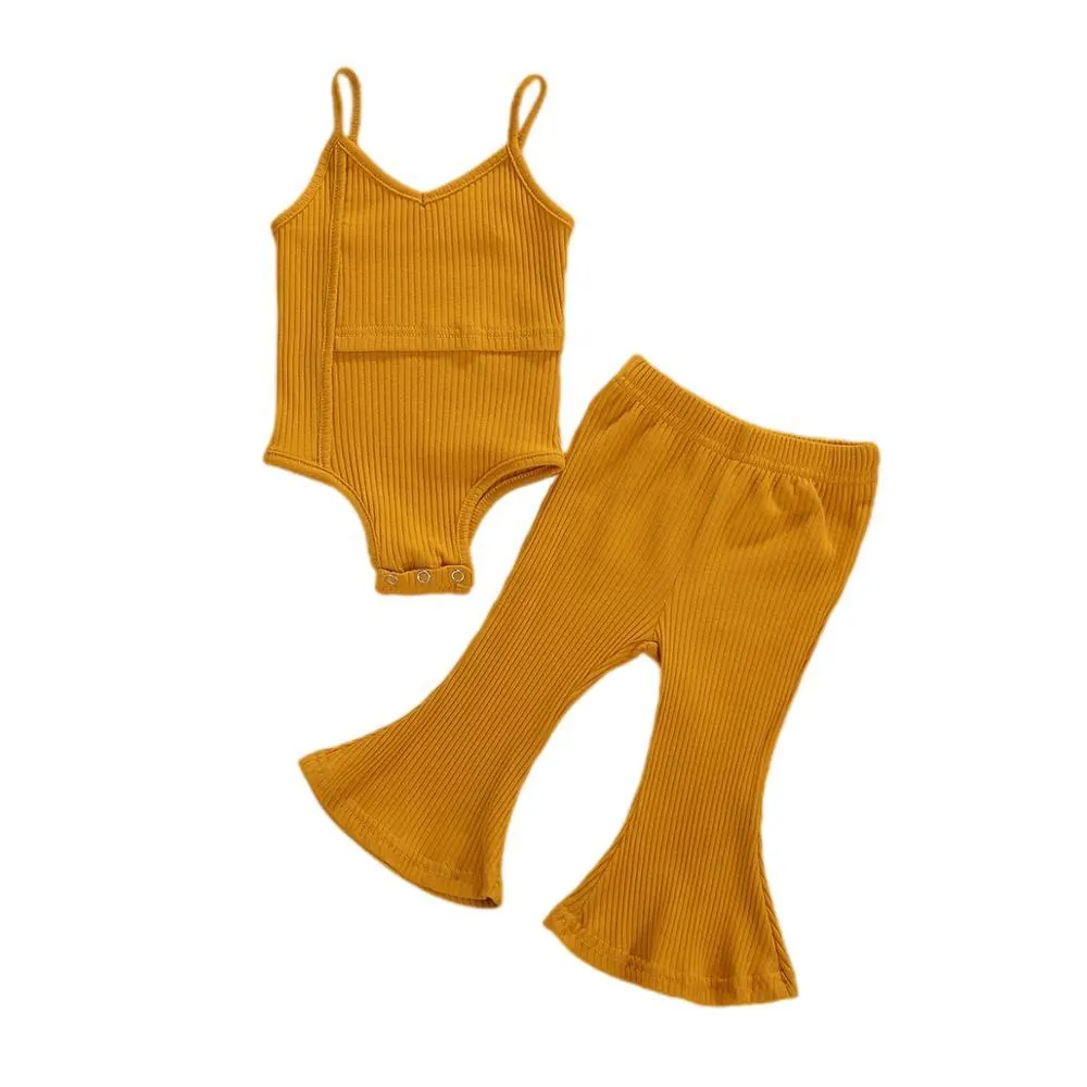 2020 Baby Summer Clothing Newborn Baby Girl Solid Sleeveless Romper Top+Long Bell Pants Bottoms Outfits Ribbed Clothes Sets 0-3Y
