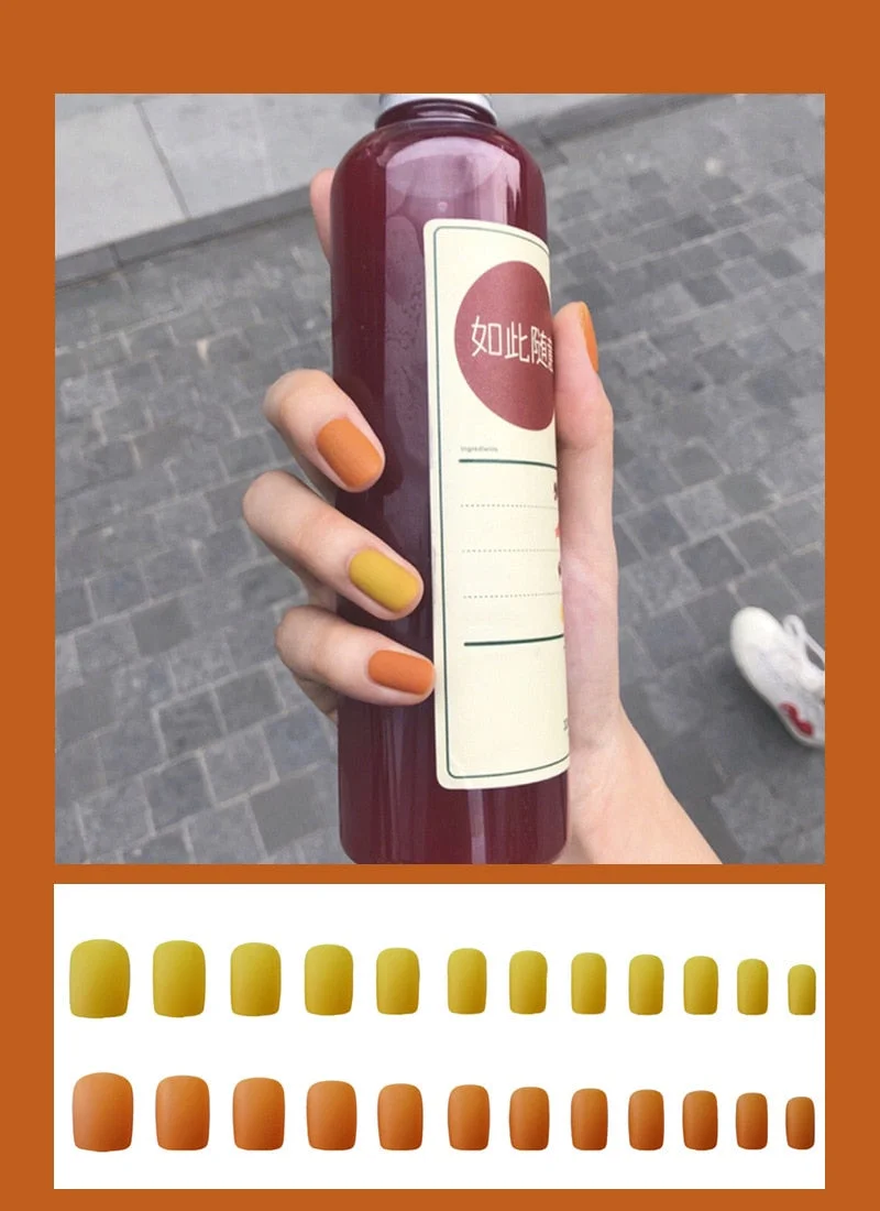 24pcs Dark Coffee Fake Nails Orange And Yellow Two-tone Matte Polish False Nail Patch Round Ballet Nail Tips Glue Wear Manicure-Nail Inspo