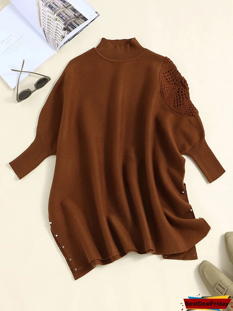 Nomadic Solid Loose Hollow Dolman Sleeve High Neck Cape Sweater