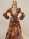 Floral-Print Bandage Puff Sleeves Asymmetric Bohemian Maxi Dress