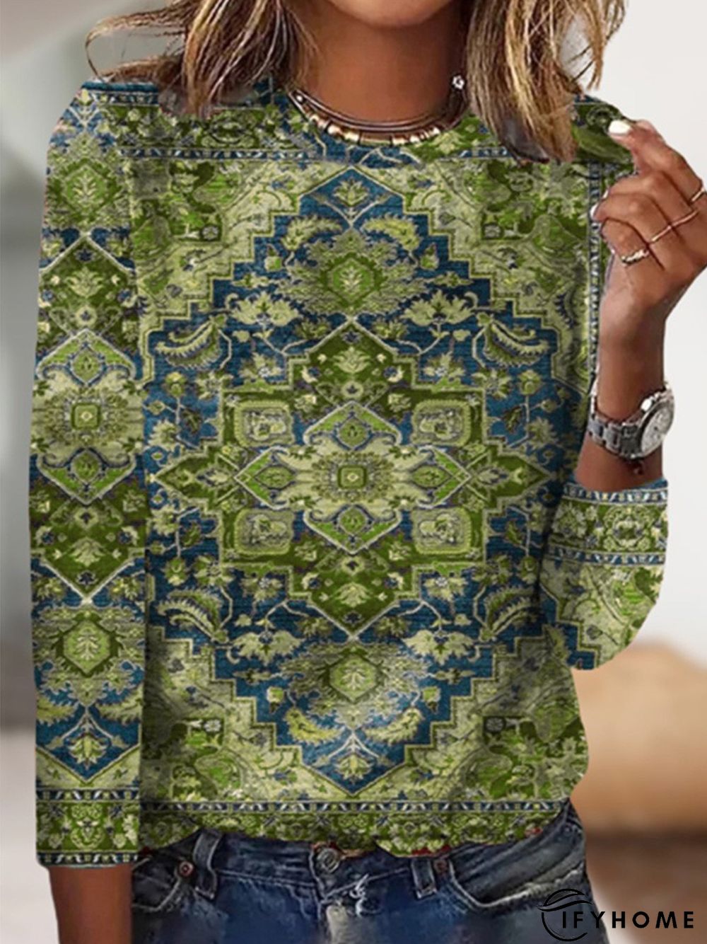 Casual Ethnic Long Sleeve Crew Neck T-Shirt | IFYHOME