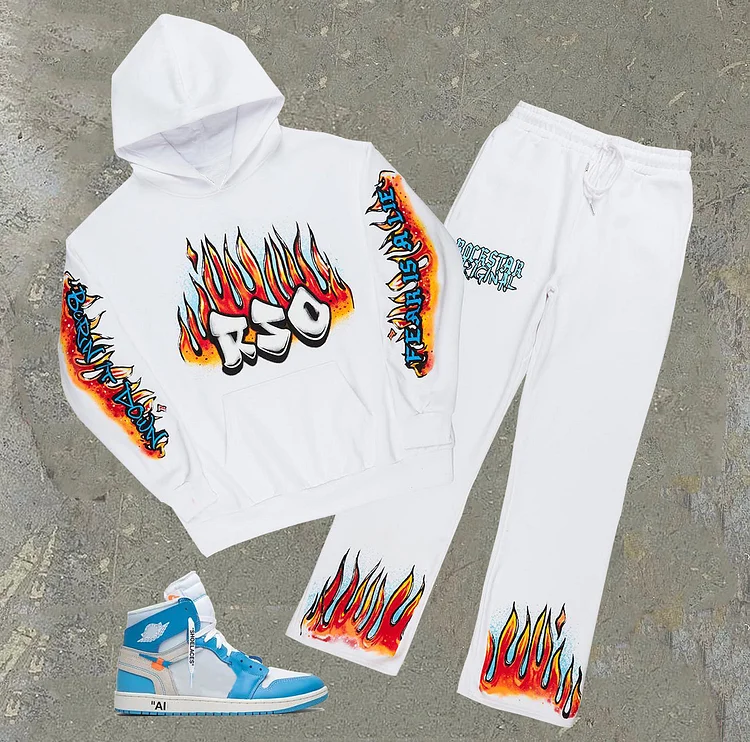 Flame Print Casual Street Hoodie Two-Piece Set
