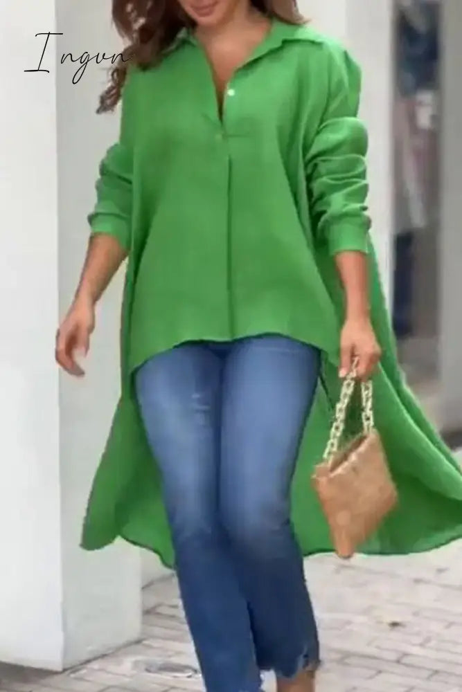Ingvn - Casual Simplicity Solid Asymmetrical Turndown Collar Tops Green / S Tops/Blouses & Shirts