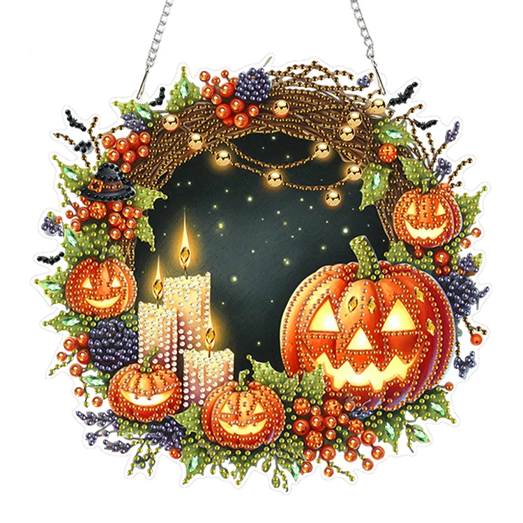 2D Flat Acrylic DIY Halloween Pumpkin Hanging Diamond Art Kits Wall Door Decor